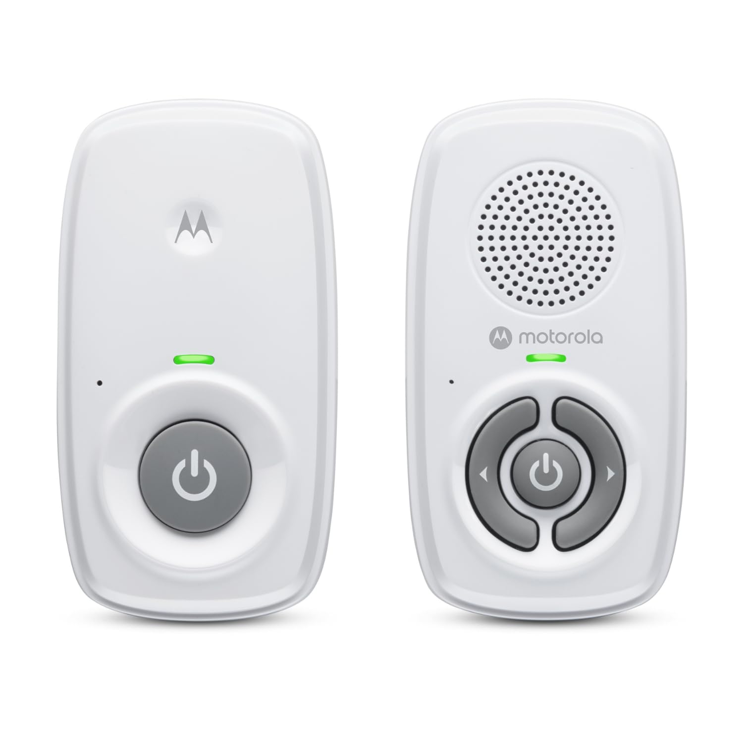 Motorola Nursery AM21/MBP21 digital audio baby monitor with high sensitivity microphone and 300-meter range in white.