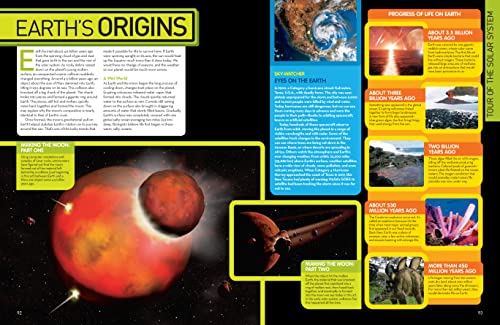 Open page of the Space Encyclopedia by National Geographic Kids showing colorful illustrations of planets and space objects.