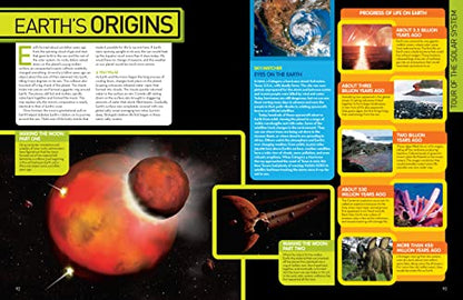 Open page of the Space Encyclopedia by National Geographic Kids showing colorful illustrations of planets and space objects.