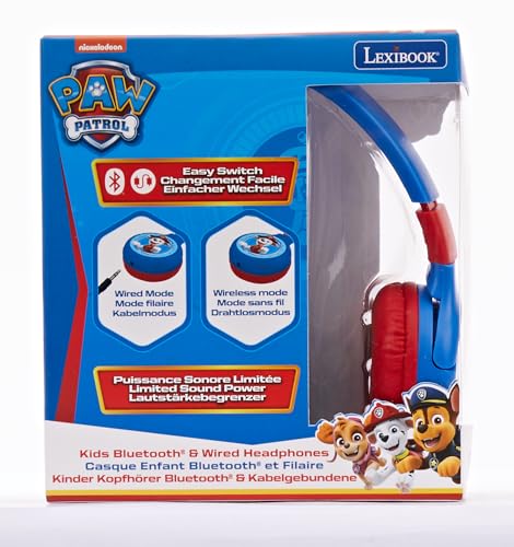 LEXIBOOK - Paw Patrol - 2-in-1 Bluetooth Headphones for Kids, stereo Wireless Wired, Kids safe for Boys Girls, Foldable, Adjustable, blue/red, HPBT010PA