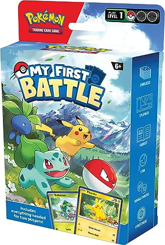 Pokémon TCG My First Battle featuring Pikachu and Bulbasaur mini decks and accessories on a colorful background.