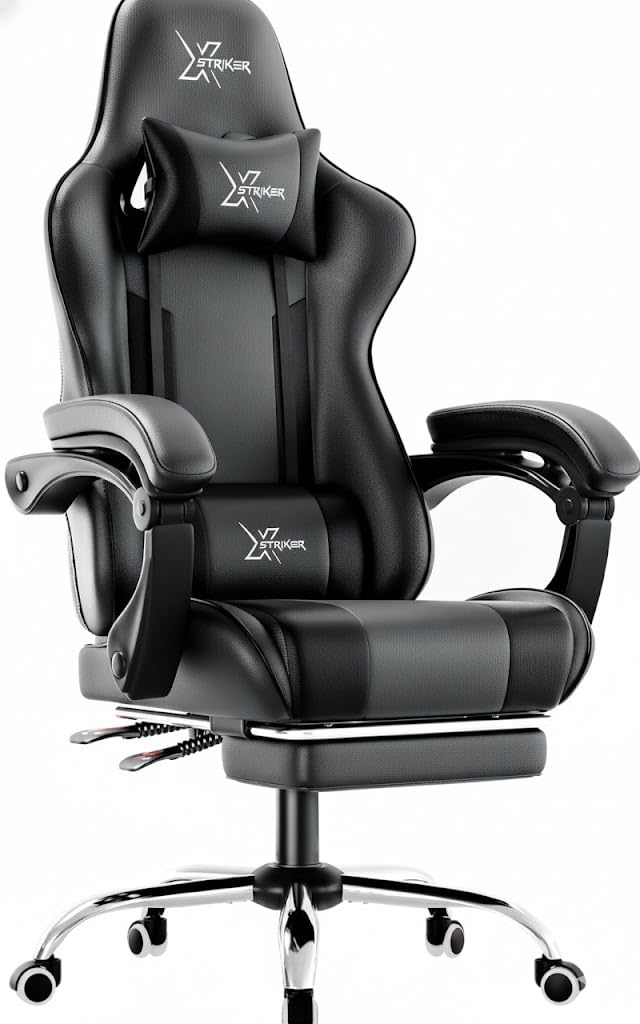 Blisswood ergonomic gaming chair in black with headrest, lumbar support, footrest, and height-adjustable high back for adults.