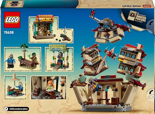 LEGO ONE PIECE Battle at Arlong Park set with minifigures Luffy, Nami, and a collapsing pagoda for interactive play.