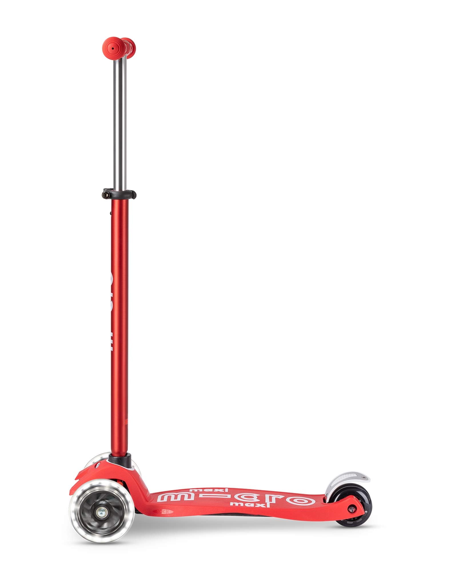Red Maxi Micro LED Deluxe children's scooter with big wheels and adjustable handlebar for ages 5-12, suitable for boys and girls.