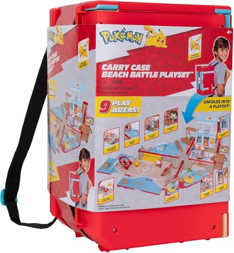 Pokémon Carry Case Beach Battle Playset featuring portable backpack and 2-inch Pikachu battle figure on display.