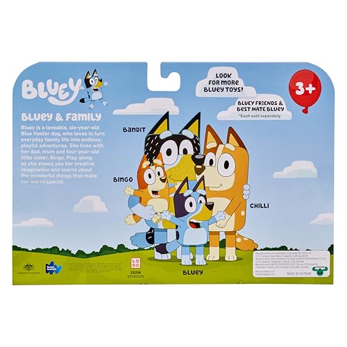 Bluey 13009 and Family: , Bingo, Bandit and Chilli 4 Figure pack Articulated Character Action Figures 2.5 inches Official Collectable Toy, Multicoloured