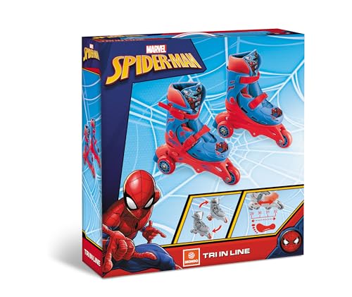 Mondo Marvel Spiderman 3-in-line skates for kids, adjustable size 29-32, with colorful PVC wheels and dual-function design.