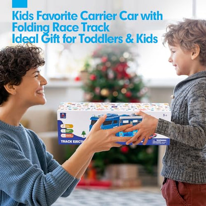 hahaland Puzzle Racer Toy Truck for 3 Year Olds – 2 in 1 Car Carrier Transforms into 114cm Race Track with Dual Launcher! 6 Mini Cars & Accessories – Top 3-10 Year Old Boy Toys & Gifts