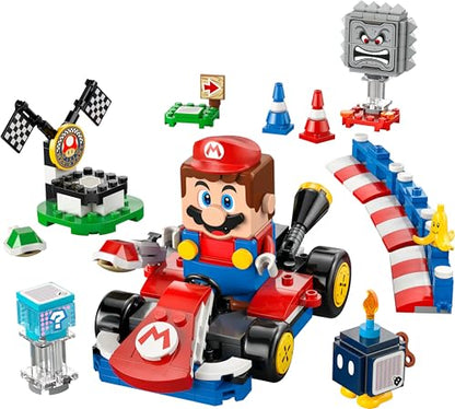LEGO Mario Kart set with interactive Mario, standard kart, race course, figures, podium, barriers, suitable for ages 7 and up.