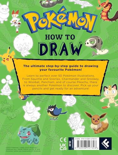 Official guide by Farshore showing step-by-step drawing techniques for Pokémon, featuring Pikachu and other characters.