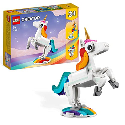 LEGO Creator 3in1 Magical Unicorn toy, colorful animal figure showing transformation into seahorse or peacock.
