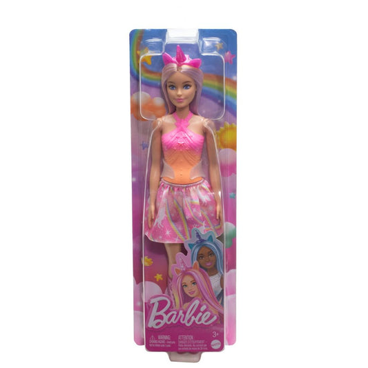 Barbie Unicorn Doll with pink fantasy hair, colorful outfit, and unicorn-themed accessories displayed on a white background.