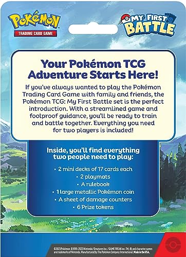 Pokémon TCG My First Battle featuring Pikachu and Bulbasaur mini decks and accessories arranged on a play surface.