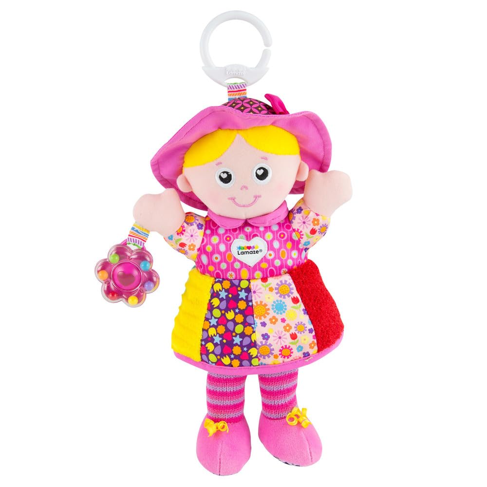 LAMAZE My Friend Emily clip-on pram and pushchair sensory toy for newborns, featuring colorful, soft fabric for babies 0-6 months.