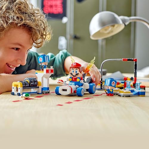 LEGO Super Mario Toad’s Garage set with Mario Kart theme, includes Toad figures and mechanic accessories for kids aged 8+