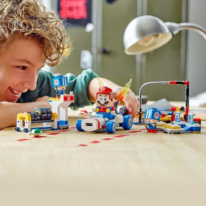 LEGO Super Mario Toad’s Garage set with Mario Kart theme, includes Toad figures and mechanic accessories for kids aged 8+