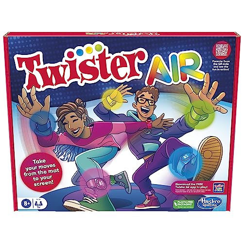 Hasbro Gaming Twister Air Party Game Includes 4 Twister Air Wrist Bands, 4 Twister Air Ankle Bands, Device Stand with clip, base, and post, and Game Rules For Ages 8+ Years