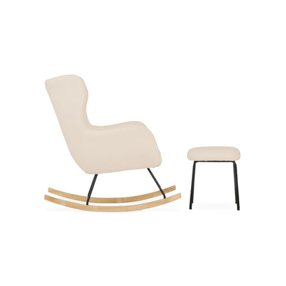 Light beige CuddleCo Marley nursing chair and footstool set with padded armrests, ideal for breastfeeding and nursery comfort.