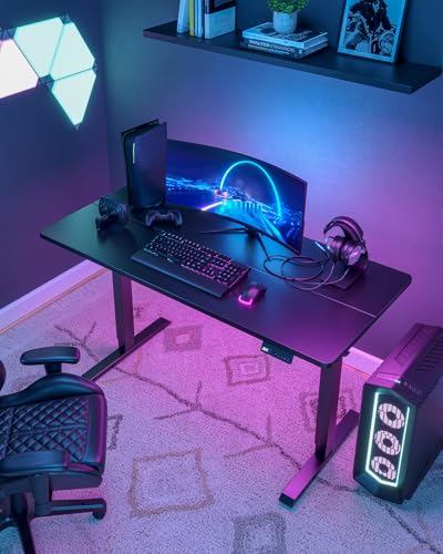 FEZIBO Electric Standing Desk For Gaming 100 * 60 cm Heigh Adjustable Stand up Table with digital display controller, Sit Stand Home Office Desk with Splice Board, Dark Black Frame/Dark Black Top