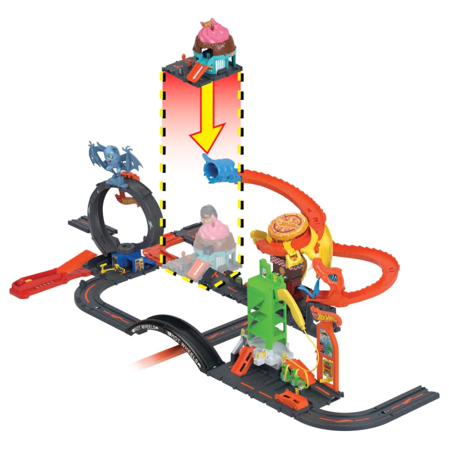 Hot Wheels Let's Race City Track Set with ice cream shop, includes track and 1 Hot Wheels car for interactive play.