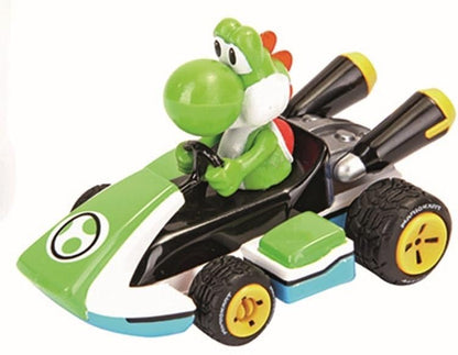 Carrera Nintendo Auto Pull & Speed Mario Kart 8 Yoshi racing car toy on track with detailed Yoshi design and vibrant colors.