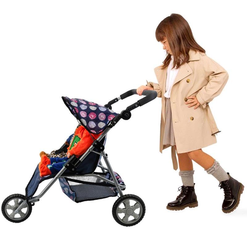 The Magic Toy Shop BiBi Doll Blue Twin Stroller, Ideal Twin Dolls Prams and Pushchairs - Adjustable Canopy and Handle, Under Storage Space, Collapsible - Dolls Double Buggy Toy Pram Double Dolls Pram