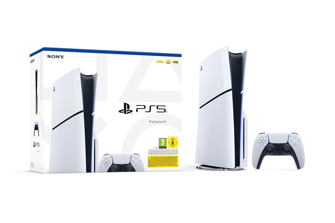 PlayStation Console 5 Edition Standard Slim, sleek black gaming console with compact design and disc drive, front view.