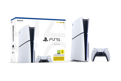 PlayStation Console 5 Edition Standard Slim, sleek black gaming console with compact design and disc drive, front view.