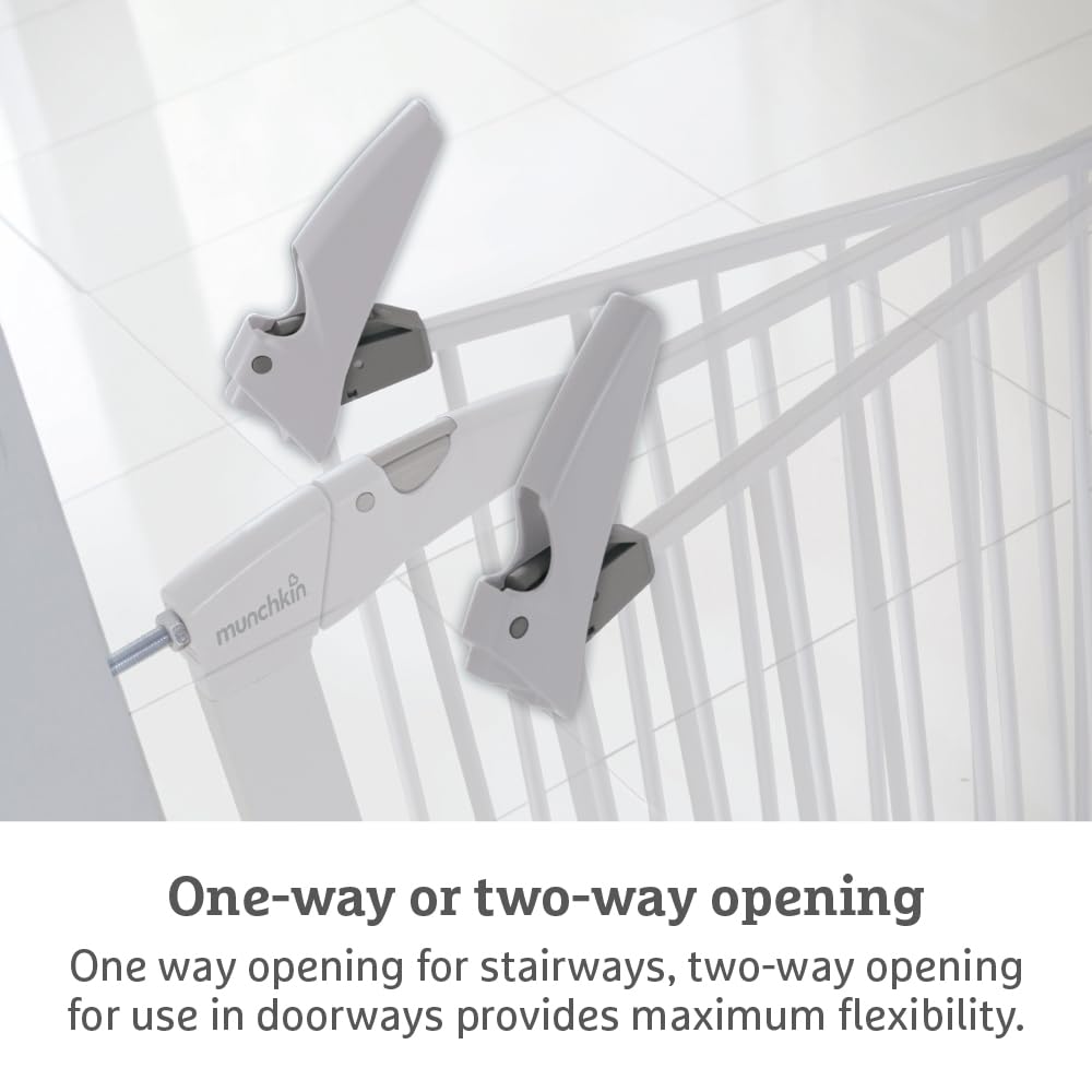 Munchkin Maxi Secure toddler and baby gate in white, pressure-fit door safety gate with extension panels for doorways.