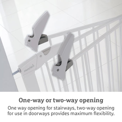 Munchkin Maxi Secure toddler and baby gate in white, pressure-fit door safety gate with extension panels for doorways.