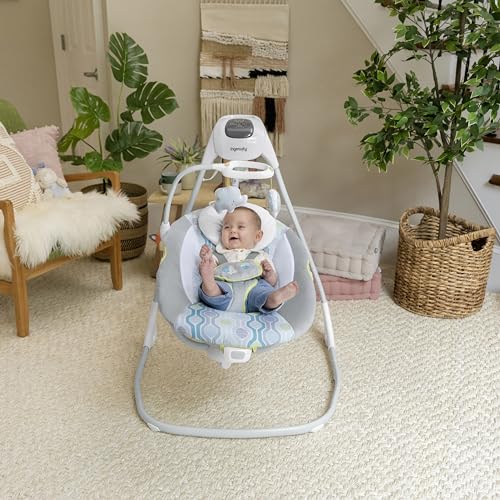 Ingenuity SimpleComfort baby swing with 6-speed multi-direction motion, vibrations, and nature sounds for infants 0-9 months.