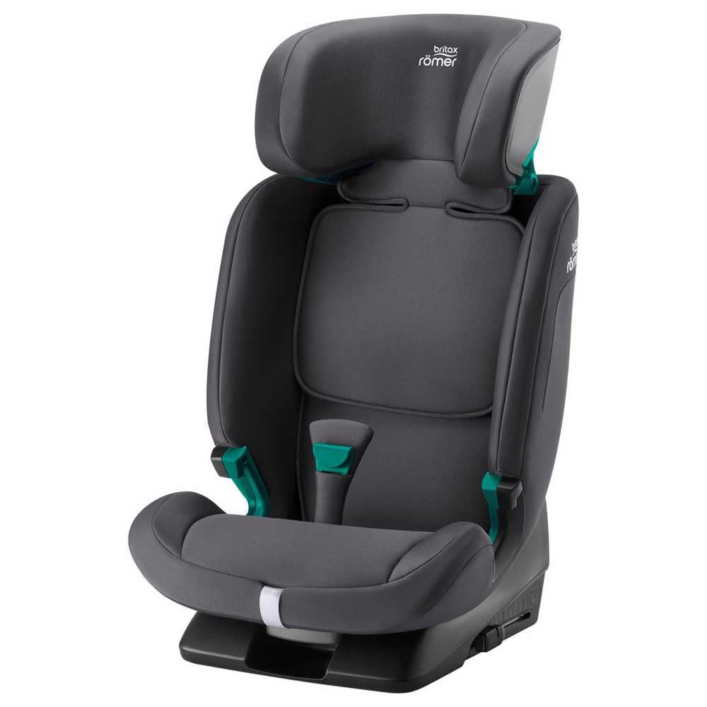 Britax Römer EVOLVAFIX car seat in midnight grey with ISOFIX, suitable for children 76-150 cm, from 15 months to 12 years.