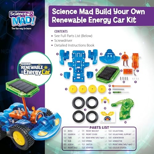 Science Mad renewable energy electric car kit for kids, showing assembled car with solar panel and hand-powered generator, suitable for ages 8+.