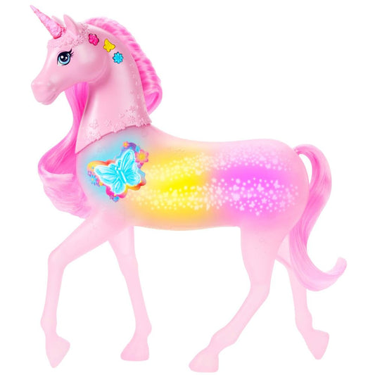 Barbie Sparkle Lights Unicorn with colorful lights, sounds, and music, featuring interactive buttons and a pet-able head.