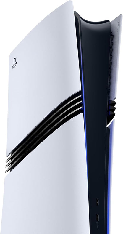 PlayStation 5 Pro console with sleek black design and modern gaming setup, featuring disc drive and ventilation details.