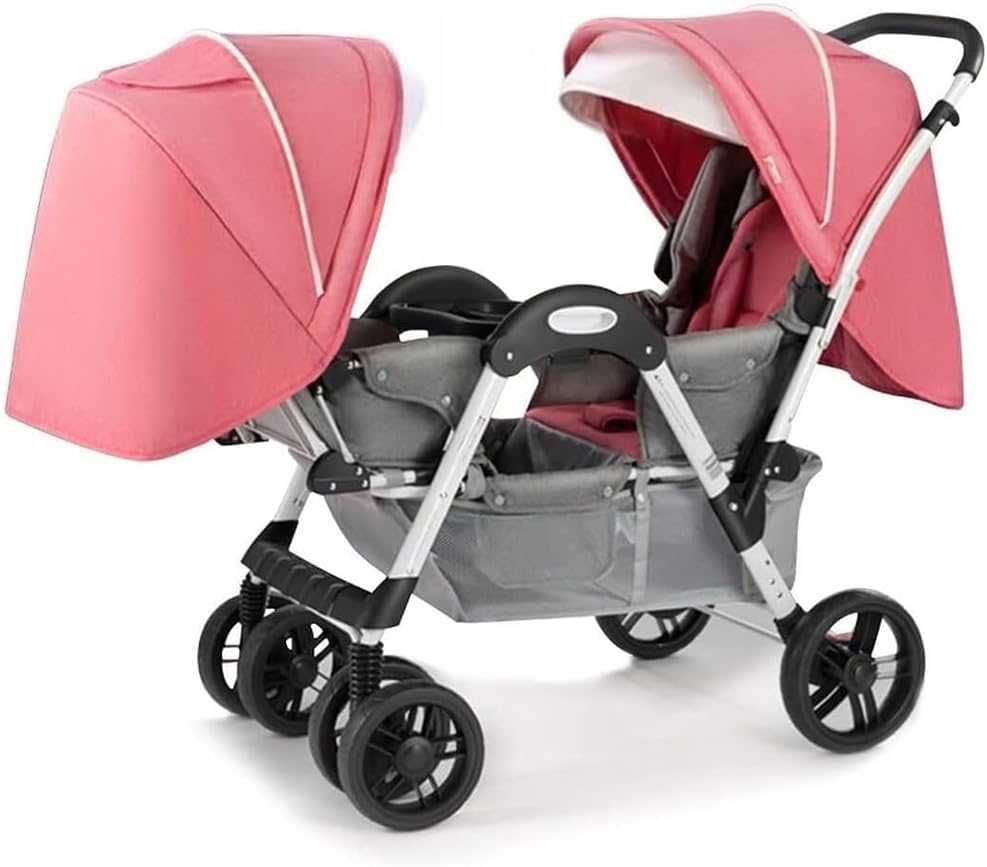 Double Baby Stroller Tandem Carriage For New Umbrella Twist Stroller Pushchair Shock Absorbing Twin Baby Pram Stroller For Infant And Toddler Car Seat And Lie Down, Pink