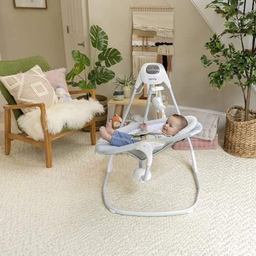 Ingenuity SimpleComfort baby swing with 6-speed options, multi-directional seat, vibrations, and nature sounds for infants 0-9 months.