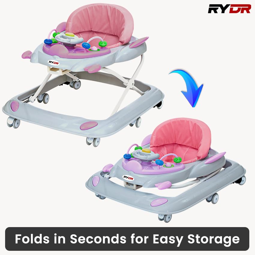 Pink RYDR 101 baby walker with wheels, adjustable height, interactive lights and sounds, suitable for 6-12 months old toddlers.