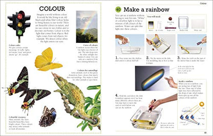 Open science experiment setup from DK's 101 Great Science Experiments book, featuring colorful lab tools and materials.
