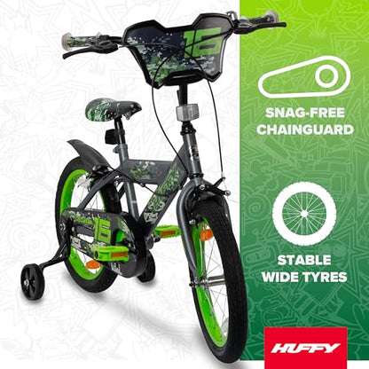 Huffy Delirium 16-Inch Boys’ Bike, Durable Steel Frame, Dual Caliper Brakes, Removable Stabilisers, Single-Speed, Kids’ Bicycle for Ages 4-6, Storm Matte Grey & Lime Green