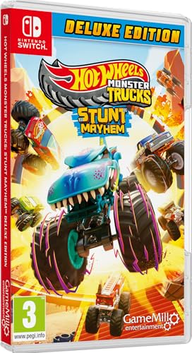 Hot Wheels Monster Trucks: Stunt Mayhem Deluxe Edition Nintendo Switch game cartridge and packaging with colorful monster truck artwork.