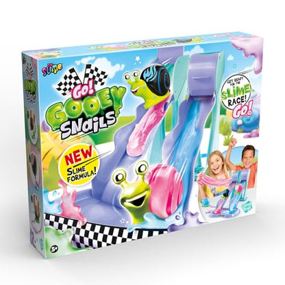 Colorful Go Gooey Snails slime race set by Canal Toys featuring squishy snails and racing tracks for children 5+ years.