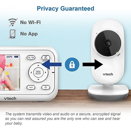 VTech VM3250 video baby monitor with camera, 2.8" LCD, night vision, long range, temperature sensor, and soothing sounds.