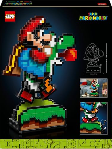 LEGO Super Mario World Mario and Yoshi building set with pixelated character figures, ideal for home decor and collectible gaming gift