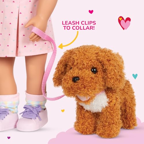 Our Generation poodle dog plush inside a pet carrier bag, designed as 18-inch doll accessories for kids 3 years and up.