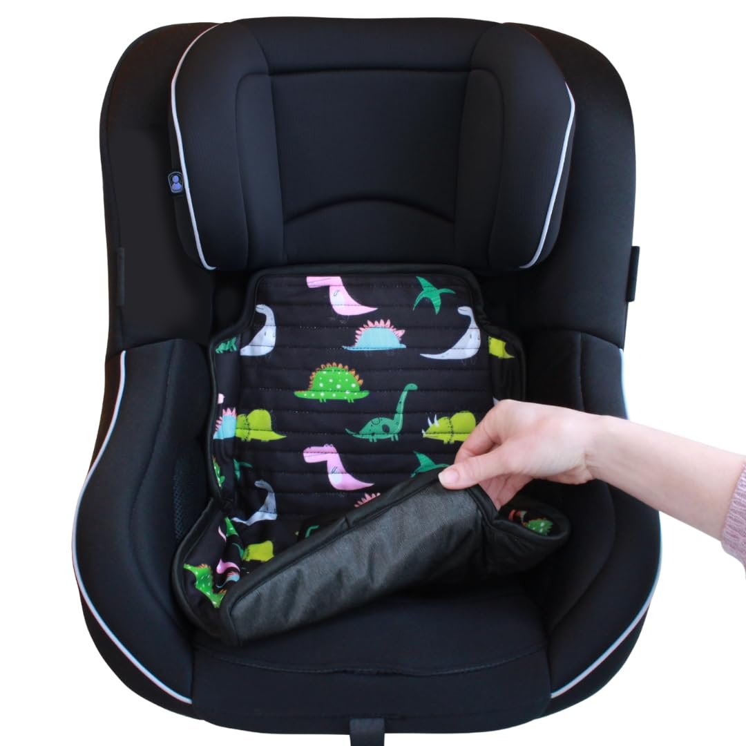 Hygge Sheets® dinosaur-themed car seat protector for toddler car seats and pushchairs, preventing leaks from food and drinks.