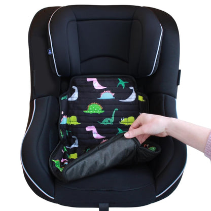 Hygge Sheets® dinosaur-themed car seat protector for toddler car seats and pushchairs, preventing leaks from food and drinks.