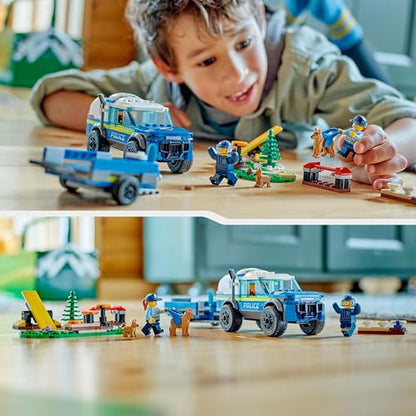 LEGO 60369 City Mobile Police Dog Training Set featuring SUV, trailer, obstacle course, and puppy figures for kids.