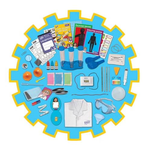 Galt Giant Science Lab kit for kids with lab coat, guide book, and materials for 30 STEM experiments in chemistry, biology, and physics.