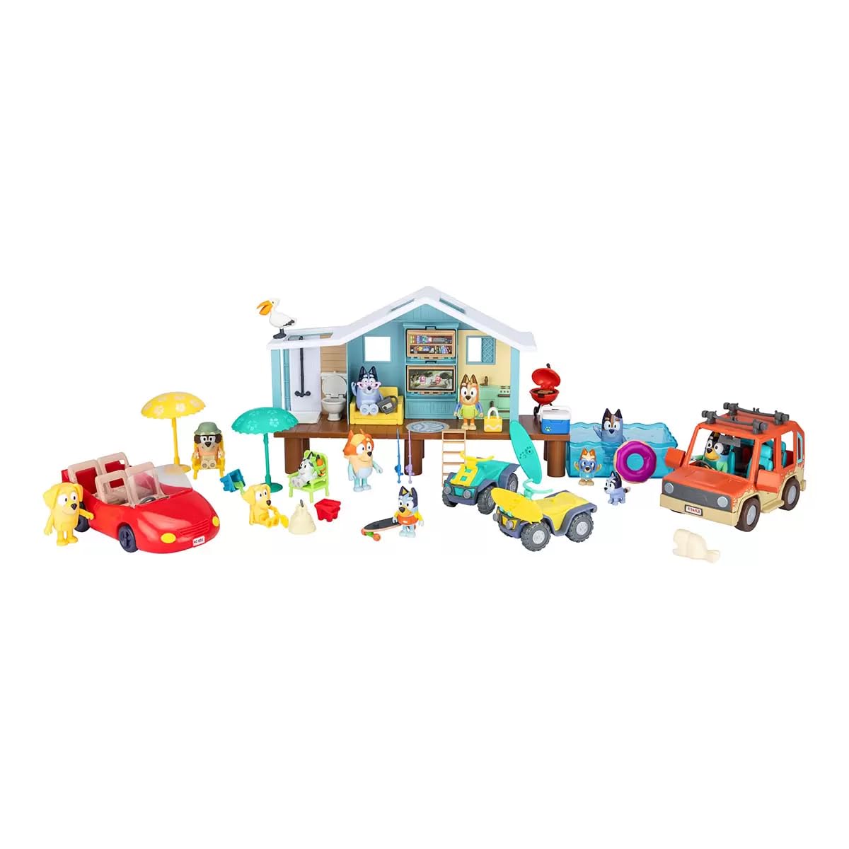 Bluey Friends & Family Beach Bash Mega Set house playset with 45 pieces, including stickers, for kids' imaginative beach fun.